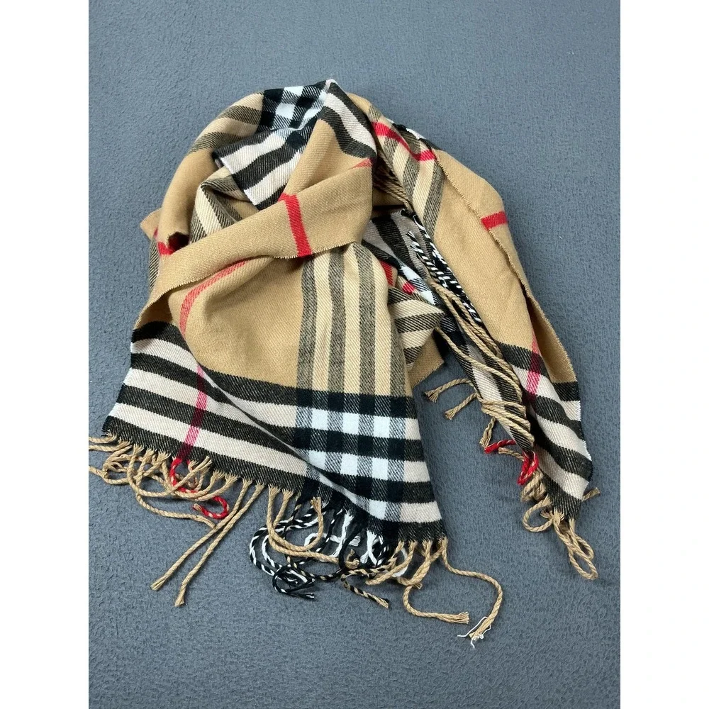 Kennedy Scotland Scarf Womens Beige Cashmere Plaid Rectangle Fringe Neck Warmer